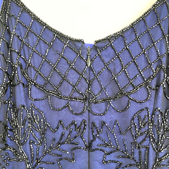 Vintage Y2K 100% Silk Beaded Maxi Dress Gown Size XS Black Blue Sheer Prom Gala - Picture 5 of 16